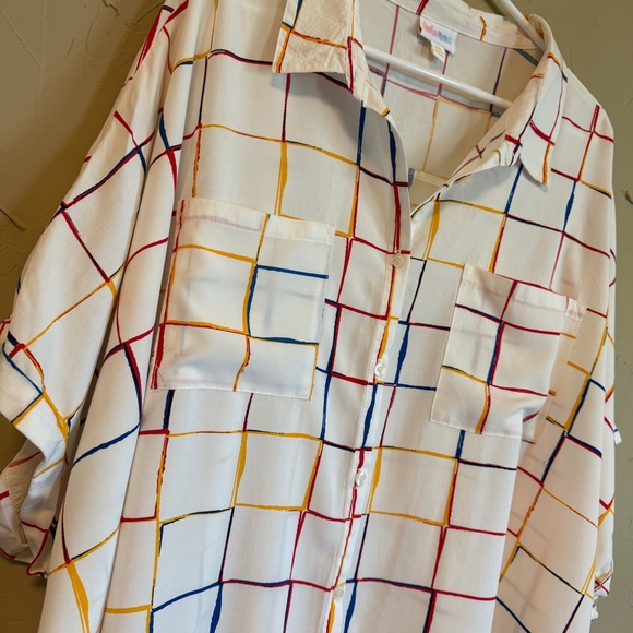 LLR Vibrant 80s Retro Grid Button Up | 3XL Oversized Funky Artsy Aesthetic Top - Picture 14 of 15